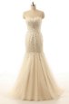 Mermaid Sleeveless With Train Beading Zipper Dress for Prom with Champagne Brush Train