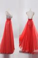 Fitting V-neck Sleeveless Dress for Prom Floor Length Beading Coral Red Chiffon