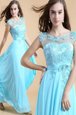 Aqua Blue Column/Sheath Chiffon Scoop Sleeveless Appliques Floor Length Zipper Homecoming Party Dress