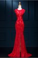 Scoop Lace Floor Length Mermaid Sleeveless Red Prom Dresses Zipper
