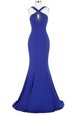 Mermaid Halter Top Royal Blue Elastic Woven Satin Zipper Homecoming Dress Sleeveless With Brush Train Beading