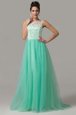Eye-catching Scoop Turquoise Sleeveless Lace Floor Length Evening Dress