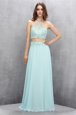 Colorful Light Blue Tulle Zipper Halter Top Sleeveless Prom Evening Gown Sweep Train Beading