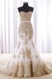 Mermaid White Sleeveless Brush Train Lace and Appliques and Embroidery With Train