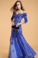 Royal Blue Mermaid Off The Shoulder Sleeveless Lace Floor Length Zipper Beading Prom Party Dress