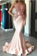 Unique Mermaid Scoop Sleeveless Celeb Inspired Gowns With Brush Train Beading Peach Chiffon