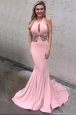 Clearance Mermaid Scoop Sleeveless Brush Train Criss Cross Prom Party Dress Pink Elastic Woven Satin