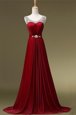 Scoop Sleeveless Brush Train Zipper Beading and Belt Prom Dresses