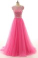 Nice Hot Pink A-line Beading Dress for Prom Zipper Lace Short Sleeves Floor Length