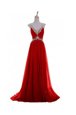Pretty Chiffon Sleeveless Red Carpet Gowns Brush Train and Beading and Belt