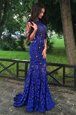 Gorgeous Mermaid Scoop Beading and Lace Prom Dresses Royal Blue Backless Sleeveless With Brush Train
