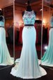 Brush Train Mermaid Runway Inspired Dress Aqua Blue Scoop Chiffon Sleeveless With Train Zipper