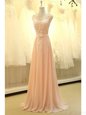 Peach Zipper Scoop Lace and Belt Prom Evening Gown Organza Sleeveless Sweep Train