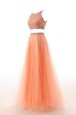 Scoop Sleeveless Sweep Train Side Zipper Evening Dress Orange Organza