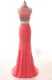 Satin High-neck Sleeveless Brush Train Backless Beading and Appliques and Belt Prom Evening Gown in Watermelon Red