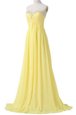 Custom Designed Sweetheart Sleeveless Chiffon Homecoming Dress Beading and Ruching Brush Train Lace Up