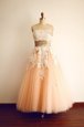 Cheap Floor Length Peach Evening Dress Organza Sleeveless Lace and Appliques and Belt