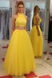 High End Yellow Zipper Dress for Prom Sequins Sleeveless Floor Length