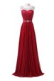 Scoop Wine Red Sleeveless Chiffon Brush Train Zipper Evening Dress for Prom and Party