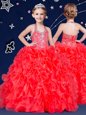 Coral Red Halter Top Neckline Beading and Ruffles Toddler Flower Girl Dress Sleeveless Zipper