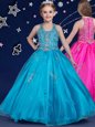 Luxury Blue Organza Zipper Scoop Sleeveless Floor Length Flower Girl Dresses Beading