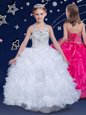 Free and Easy White Lace Up Halter Top Beading and Ruffles Child Pageant Dress Organza Sleeveless