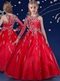 Noble Red Zipper Asymmetric Beading and Ruffles Child Pageant Dress Organza Sleeveless