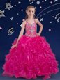 Elegant Halter Top Floor Length Fuchsia Kids Formal Wear Organza Sleeveless Beading and Ruffles