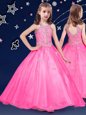 Stunning Halter Top Beading Flower Girl Dresses Hot Pink Zipper Sleeveless Floor Length