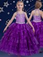 Cute Eggplant Purple Flower Girl Dresses Quinceanera and Wedding Party and For with Beading and Ruffled Layers Halter Top Sleeveless Zipper