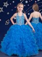 Customized Halter Top Baby Blue Ball Gowns Beading and Ruffles Little Girls Pageant Dress Wholesale Zipper Organza Sleeveless Floor Length