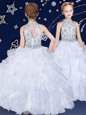 Spectacular Halter Top Sleeveless Floor Length Beading and Ruffles Zipper Little Girls Pageant Gowns with White