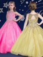 Chic Hot Pink Ball Gowns Scoop Sleeveless Organza Floor Length Zipper Beading Little Girls Pageant Dress Wholesale