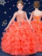 Orange Organza Lace Up Toddler Flower Girl Dress Sleeveless Floor Length Beading and Ruffled Layers