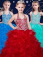 Fantastic Halter Top Sleeveless Zipper Kids Formal Wear Wine Red and Baby Blue and Turquoise Organza