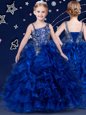 Classical Beading and Ruffled Layers Little Girl Pageant Dress Royal Blue Lace Up Sleeveless Floor Length