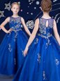 Scoop Royal Blue Sleeveless Beading and Appliques Floor Length Toddler Flower Girl Dress