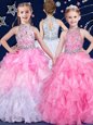White and Pink And White Halter Top Zipper Beading and Ruffles Little Girls Pageant Gowns Sleeveless