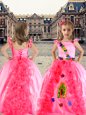 Spaghetti Straps Cap Sleeves Girls Pageant Dresses Floor Length Beading and Appliques and Ruffles Rose Pink Organza and Taffeta