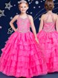 Hot Pink Ball Gowns Halter Top Sleeveless Organza Floor Length Zipper Beading and Ruffled Layers Little Girl Pageant Gowns