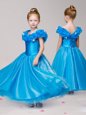 Sweet Off The Shoulder Cap Sleeves Flower Girl Dresses for Less Ankle Length Appliques Blue Tulle