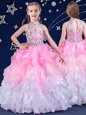 Best Halter Top Sleeveless Zipper Floor Length Beading and Ruffles Flower Girl Dress