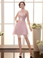 Luxury Baby Pink A-line High-neck Sleeveless Chiffon Mini Length Zipper Lace Evening Dress