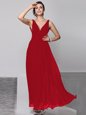 V-neck Sleeveless Prom Dress Floor Length Beading Wine Red Chiffon