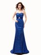 Eye-catching Mermaid Royal Blue Evening Dress Prom and Party and For with Beading and Belt Sweetheart Sleeveless Brush Train Lace Up