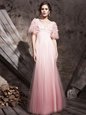 Chic Baby Pink Chiffon Zipper Evening Dress Half Sleeves Floor Length Lace and Appliques