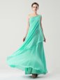 One Shoulder Sleeveless Ankle Length Beading and Ruching Side Zipper Prom Party Dress with Turquoise