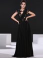 Column/Sheath Prom Gown Black Scoop Elastic Woven Satin Cap Sleeves Floor Length Backless