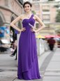 Luxurious One Shoulder Purple Sleeveless Chiffon Zipper Prom Party Dress for Prom and Party
