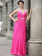 Hot Pink Column/Sheath Lace V-neck Sleeveless Beading and Lace Floor Length Zipper